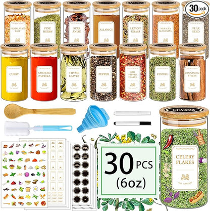 Spice Jars with Labels, 30Pcs 6oz Glass Spice Jars with Bamboo Lids, Minimalist Stackable Airtight Spice Containers with 426 labels for Kitchen Seasoning, Tea, Herbs, Coffee, Sugar,Shells