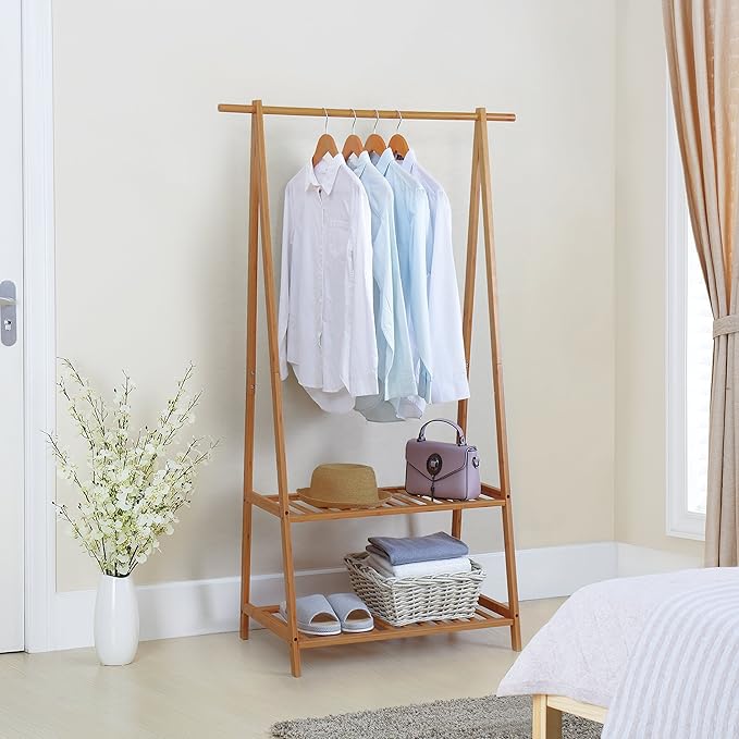 Finnhomy Bamboo Clothes Rack Portable Extra Large Garment Rack 2-Tire Storage Box Shelves For Entryway and Bed Room Patented Design