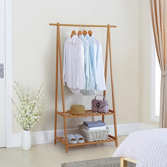 Finnhomy Bamboo Clothes Rack Portable Extra Large Garment Rack 2-Tire Storage Box Shelves For Entryway and Bed Room Patented Design