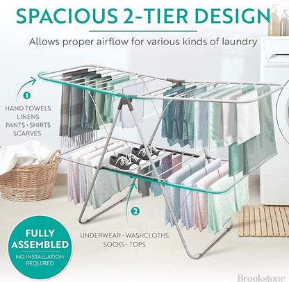 BROOKSTONE – Extra Large – Double Spaced - 2 Tier Collapsible Clothes Drying Rack, Indoor/Outdoor Folding Hanging Garment Stand [NO Assembly - Ready Out of The Box]