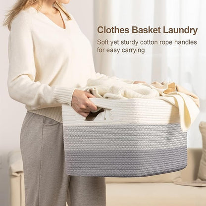 60L Laundry Basket with Leather Handles for Living Room Storage, Woven Rope Baskets Bin for Blanket, Kids Toy, Gifts, Wicker Hamper for Bedroom Dirty Clothes, Gradient Grey