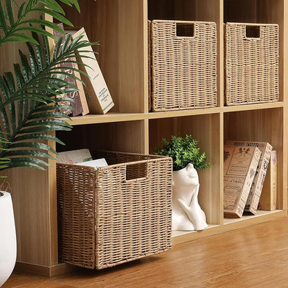 12X12X10in Plastic Wicker Storage Basket, Collapsible Wicker Cube Storage for Shelves, Woven Plastic Storage Basket for Pantry, Bedroom, Living Room, Bathroom, Shelves-3 Pack
