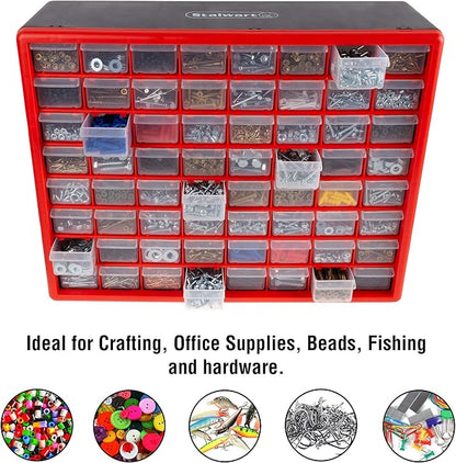 64-Drawer Storage Organizer - Plastic Drawers for Organization - Desktop or Wall-Mounted Container for Hardware, Tools, and Beads by Stalwart (Red)