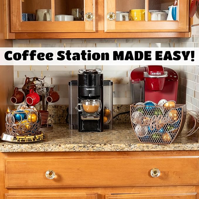 Made Easy Kit Coffee Pod Organizer Compatible with Nespresso Vertuo and Original - Countertop Sculpture Holder Basket Style for Café Bar, Corner Station Office Break Area (Mountable Mug Vintage)
