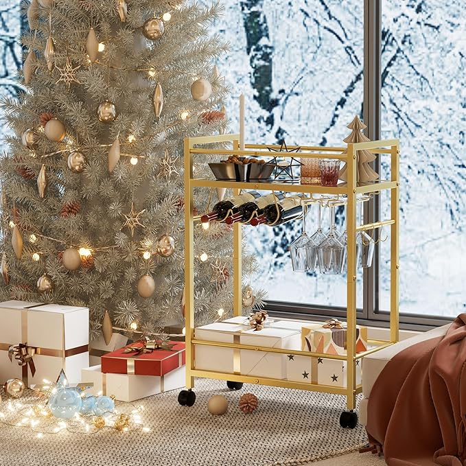 Home Bar Serving Cart, Bar Cart with 2 Mirrored Shelves, MicrowaveCart, Rolling Beverage Cart, Mobile KitchenCart with Wine Rack, Drink Cart for Dinning Room, Living Room, Kitchen, Gold