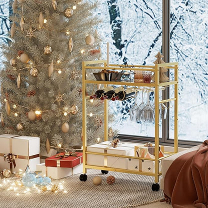 Home Bar Serving Cart, Bar Cart with 2 Mirrored Shelves, MicrowaveCart, Rolling Beverage Cart, Mobile KitchenCart with Wine Rack, Drink Cart for Dinning Room, Living Room, Kitchen, Gold