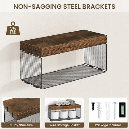 Bathroom Floating Shelves for Wall,16 inch Wall Mounted Floating Shelf Toilet Organizer and Storage,Small Farmhouse Decor Shelf,Rustic Brown,Set of 3