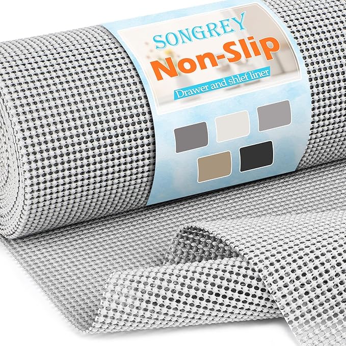 Songrey Non-Adhesive Drawer and Shelf Liner, Non Slip Cabinet Liners, Protect Kitchen Cupboard, Bathroom Drawers, Breathable, Thick Strong Grip mat (20IN x 20FT, Light Gray)