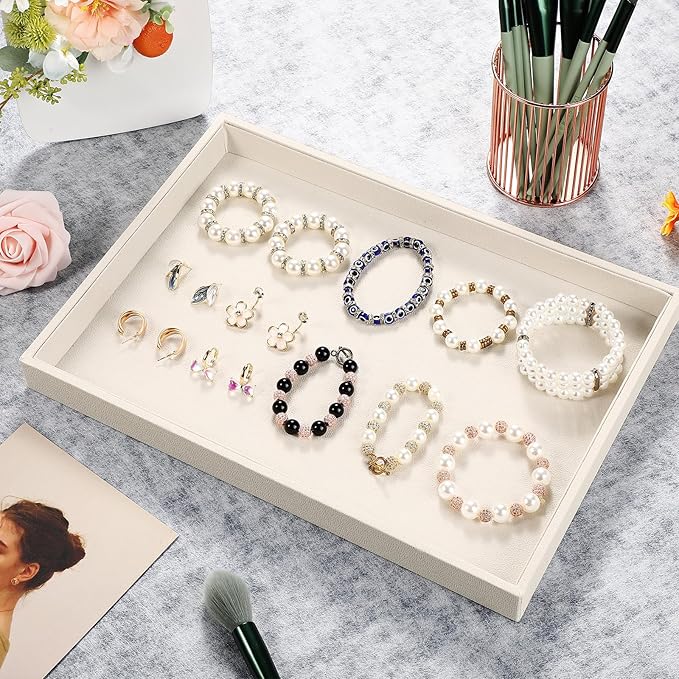 Quelay Velvet Stackable Jewelry Tray Showcase Display, Jewelry Organizer Tray Bracelet Ring Earring Necklace Organizer Empty Plate for Drawers Countertop (Beige,10 Pcs)