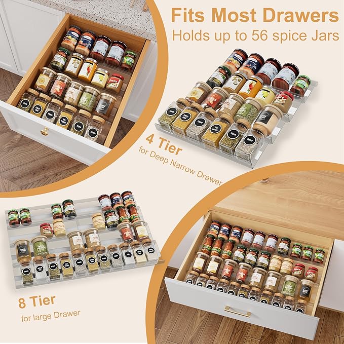 Brippo 8-Pack Spice Drawer Organizer, Expandable Acrylic Seasoning Rack (13" to 26") with Anti-Slip Mat, Kitchen Spice Rack Drawer Holds up to 56 Jars (Jars Not Included)