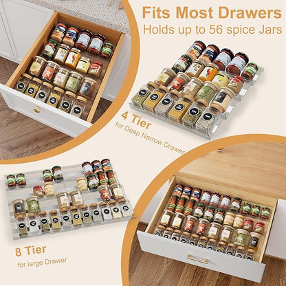 Brippo 8-Pack Spice Drawer Organizer, Expandable Acrylic Seasoning Rack (13" to 26") with Anti-Slip Mat, Kitchen Spice Rack Drawer Holds up to 56 Jars (Jars Not Included)