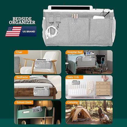 ADVANCELLPRO Bedside Caddy Organizer Hanging Storage Bag with Pockets for Books, Magazines, Phone, Tablet & Water Bottle – Bedside Storage for Dorm, Bunk Beds, Hospital Beds & Cribs,Grey