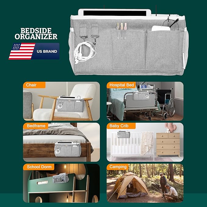 Bedside Caddy Organizer Hanging Storage Bag with Pockets for Books, Magazines, Phone, Tablet & Water Bottle – 2-Pack Bedside Storage for Dorm Rooms, Bunk Beds, Hospital Beds & Cribs , Gray