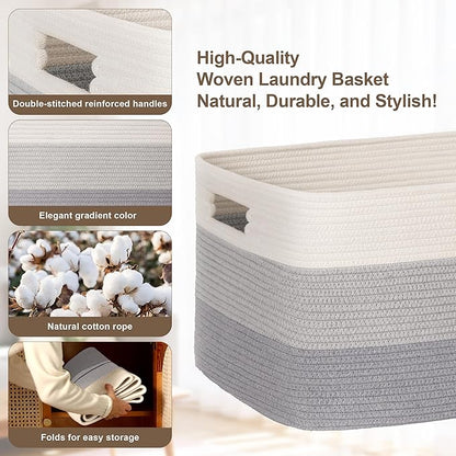 60L Laundry Basket with Leather Handles for Living Room Storage, Woven Rope Baskets Bin for Blanket, Kids Toy, Gifts, Wicker Hamper for Bedroom Dirty Clothes, Gradient Grey