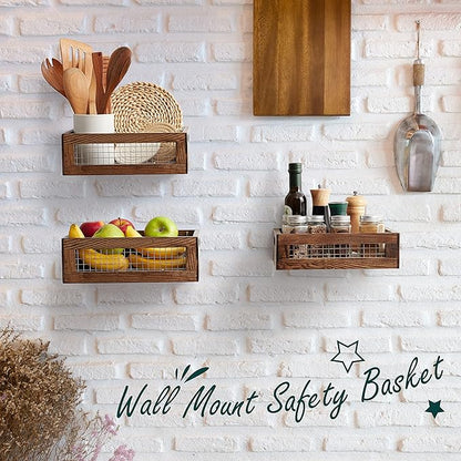 Wooden Nesting Countertop Baskets Set of 3 for Kitchen, Bathroom, Pantry|Wooden storage organizer For Fruit, Vegetables, Produce, Bread|Wooden Crate with handles|Decorative Rustic Wood and Metal Wire