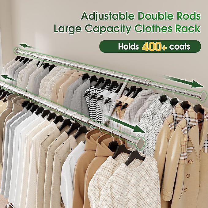 Raybee Heavy Duty Clothes Rack 630LBS, Double Rods Clothing Rack with Storage Basket, Portable Garment Rack for Heavy Clothes, Extendable & Adjustable, Bedroom, Closet, Commercial