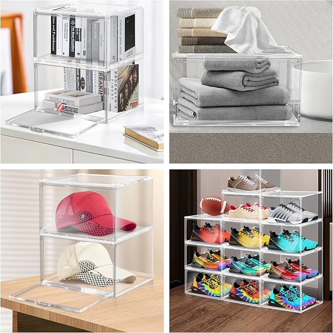 3BBYJL 12 Pack Plastic Shoe Storage Boxes Fit US Size 13, Clear Stackable Shoe Display Case with Acrylic Magnetic Side Door, Shoe Containers for Sneaker Storage, Hats, Figure, Collectible