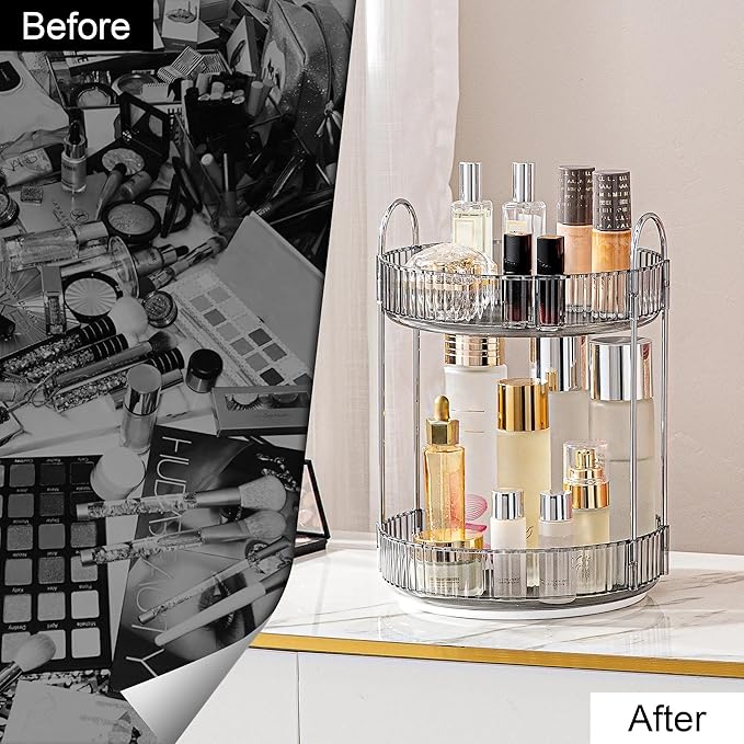 Weidace 360 Rotating Makeup Organizer for Vanity, Bathroom Countertop Spinning Perfume Organizer, High-Capacity Cosmetic and Skincare Dresser Make Up Holder Rack (2 Tiers, Grey)