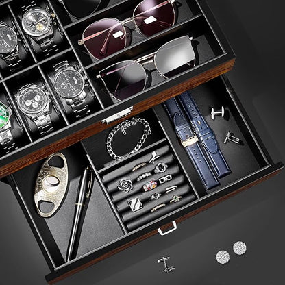 BEWISHOME Men’s Jewelry Box Organizer with Watch Box, 6-Slot Watch Box & Sunglasses Organizer with Drawer, PU Leather Interior, Solid Wooden Watch Case Display with Large Clear Glass Lid, Gift Idea