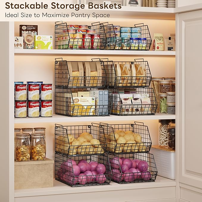 X-cosrack 3-Tier Stackable Wire Baskets for Pantry Organization and Storage, Kitchen Counter Basket for Potato Onion Storage, Fruit and Vegetable Storage Basket, Metal Baskets for Snack Produce Cans