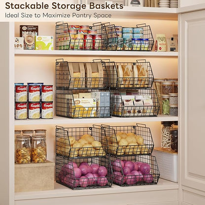 X-cosrack 3-Tier Stackable Wire Baskets for Pantry Organization and Storage, Kitchen Counter Basket for Potato Onion Storage, Fruit and Vegetable Storage Basket, Metal Baskets for Snack Produce Cans