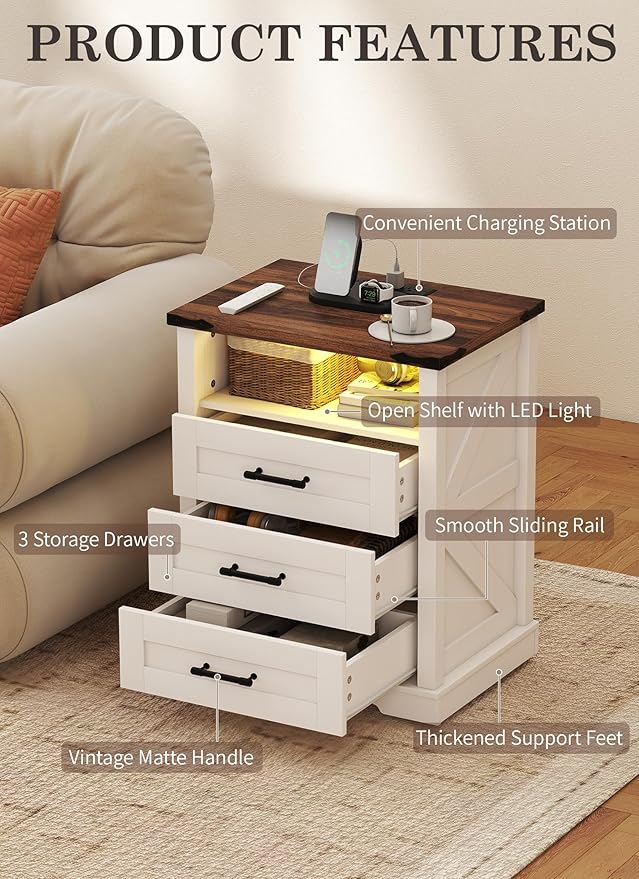 Suuiwau Farmhouse Nightstand with 3 Drawers and Open Storage Shelf, Modern Nightstand with Smart Human Sensor LED Light, Wood Bedside Table with Charging Station for Bedroom, Dorm, Office (White)