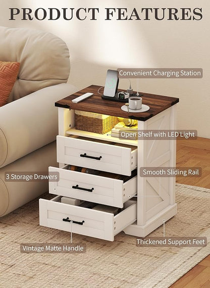 Suuiwau Farmhouse Nightstand with 3 Drawers and Open Storage Shelf, Modern Nightstand with Smart Human Sensor LED Light, Wood Bedside Table with Charging Station for Bedroom, Dorm, Office (White)