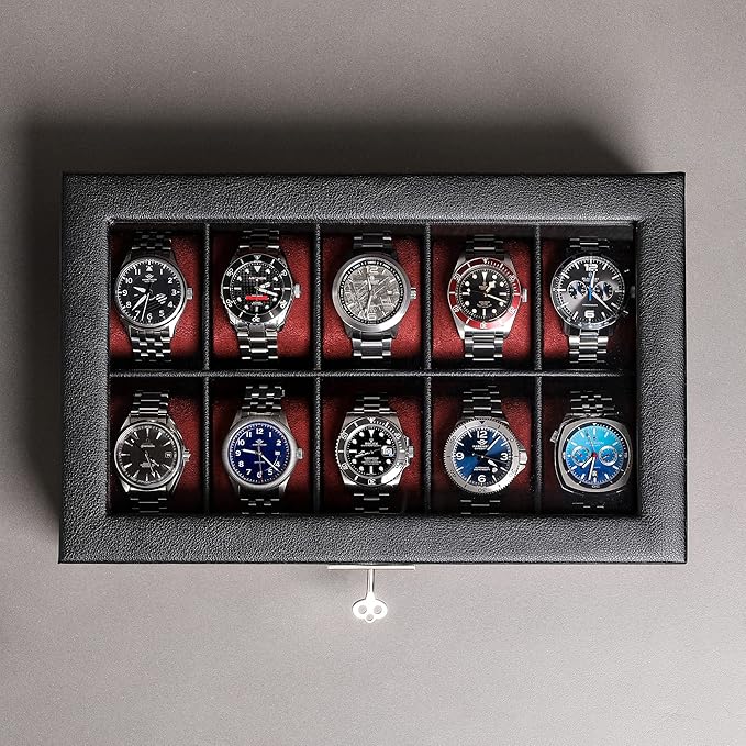 ROTHWELL 10 Slot Leather Watch Box - Luxury Case Display Jewelry Organizer - Locking Watch Display Case Holder with Large Glass Top - Box Organizer for Men and Women (Black/Red)