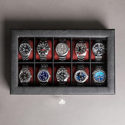 ROTHWELL 10 Slot Leather Watch Box - Luxury Case Display Jewelry Organizer - Locking Watch Display Case Holder with Large Glass Top - Box Organizer for Men and Women (Black/Red)