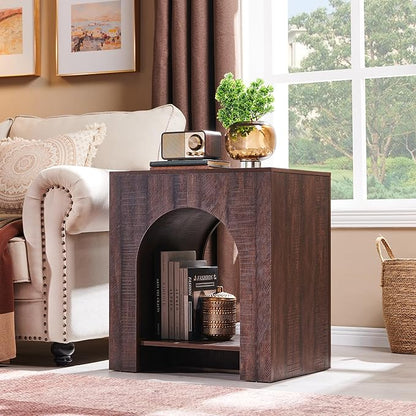 Arched End Table with Type-C Charging Station, 22" Modern Bedroom NightStand with Arched Open Shelf, Night Table with Outlet, USB, Type-C Port for Bedroom, Natural