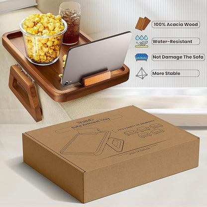 Tinamo Acacia Wood Sofa Armrest Tray with Phone Holder - Large Sofa Arm Tray Table Clip - Couch Arm Table for Wide Couches - Wooden Side Tables for Small Spaces for Eating and Drink(13.8" x 9.5" x 1")