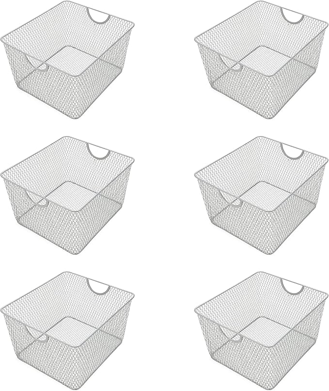 YBM Home Kitchen Pantry Organizer Wire Basket for Shelves, Cabinets, Pantry, Countertop, Mesh Open Storage Bin Metal Basket for Organizing Food Supplies 10” x 9” x 6”, Pack of 6, Silver