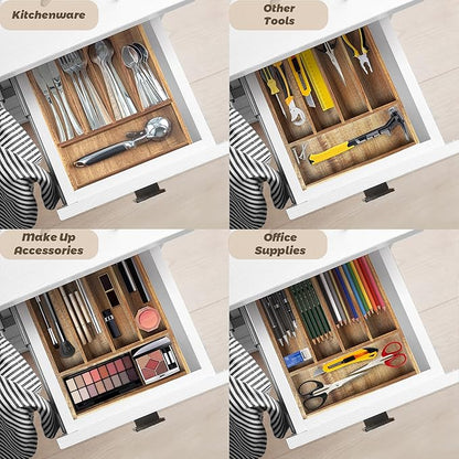 Acacia Wood Silverware Organizer, Kitchen Utensil Drawer Organizer for Forks, Knives & Spoons, 5-Compartment Cutlery Tray, Flatware Holder