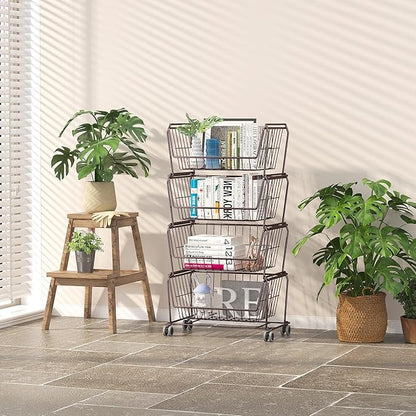 PUSDON Stackable Metal Storage Carts, Dual Use Shelf for Kitchen Fruit Vegetable Baskets with Wheels, Storage Rack for Living Room, Home & Office, Standard Bronze 4 Tiers