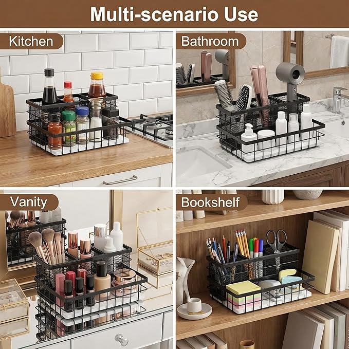 AceOrbit 2 Pcs Hair Tool Organizer Countertop Breathable Metal & Bamboo Hot Tools Organizer Under Sink Bathroom Hair Dryer Holder Countertop Brush Comb Holder,makeup tray (White Bamboo,Black)