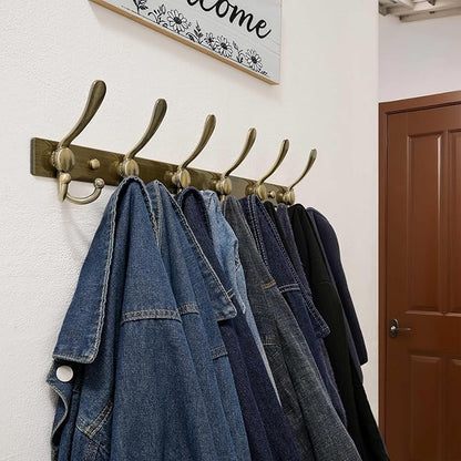 Dseap Coat Rack Wall Mount 2.0 Pro: 24” Long, 3X Tougher, Heavy Duty Stainless Steel Wall Coat Hanger with 6 Tri Hooks for Clothes Jackets Hats Entryway Closet, Bronze, Pack of 2