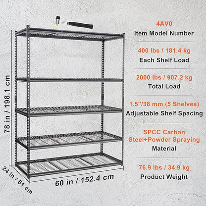 VEVOR Storage Shelving Unit, 5-Tier Adjustable, 2000 lbs Capacity, Heavy Duty Garage Shelves Metal Organizer Wire Rack, Black, 60" L x 24" W x 78" H for Kitchen Pantry Basement Bathroom Laundry Closet