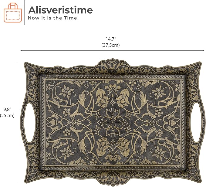 Alisveristime Ottoman Turkish Zamak Serving Tray with Traditional Motifs, Ideal for Coffee and Tea - Six Person Tray (14.5 x 9.85 in) (Antique Green)