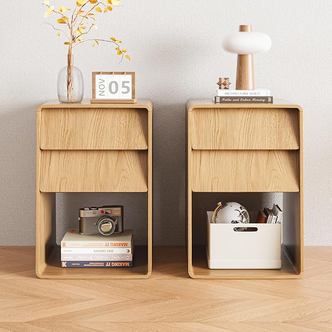 Small Nightstand Set of 2, Boho Bedside Table, Wooden Night Stand with Storage, Mid Century Modern Bed Side Table, Wood End Table with Slanted 2 Drawers, Bedroom, Natural, Oak