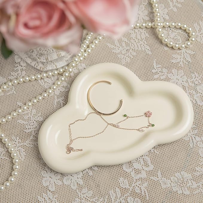 Cloud Trinket Dish, Chubby Jewelry Tray, Ceramic Jewelry Ring Trinket Dish for Rings Earrings Necklace Organizer, Mother's Day Thanksgiving Christmas Birthday Bridesmaid Gifts (Crème)