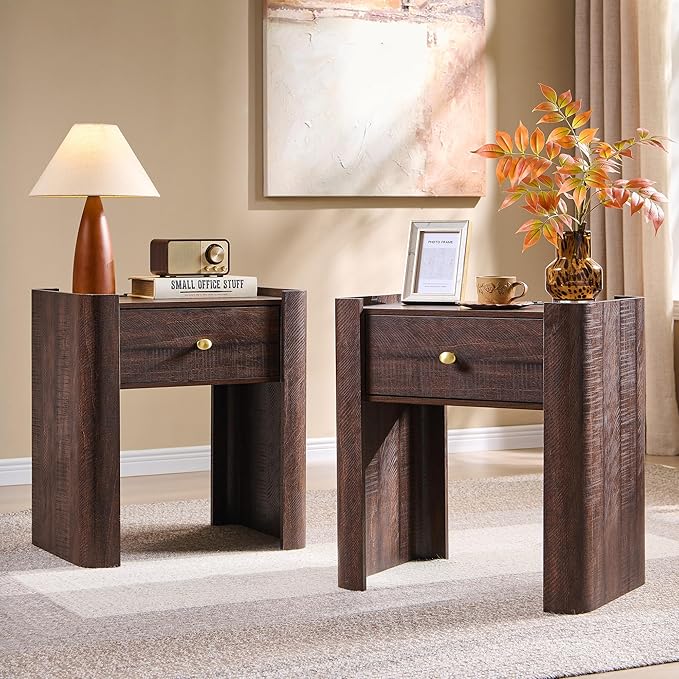 IFGET 23.6" Tall Modern Nightstand Set of 2, 22" Wide Curved Bedside Table with Charging Station, Wooden Night Stand with 1 Storage Drawer, Large End Table for Bedroom, Living Room, Brown