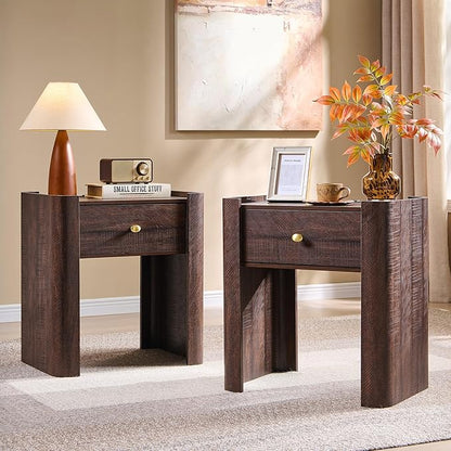 IFGET 23.6" Tall Modern Nightstand Set of 2, 22" Wide Curved Bedside Table with Charging Station, Wooden Night Stand with 1 Storage Drawer, Large End Table for Bedroom, Living Room, Brown