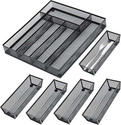 Neudeco Drawer Organizer Set 6 Pack - 5-Compartment Silverware Organizer Tray + 5 Utensil Trays, Kitchen Drawer Organizer for Flatware, Cutlery, Office Supplies, Black Mesh, Non-Slip.