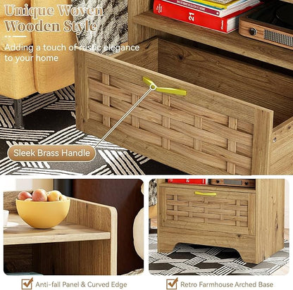 HOCAT 24" Rattan Nightstand with Storage Drawer, Oak Bedside Table with Semi Open Cubby, Boho Night Stand with Farmhouse Arched Base for Bedroom, Side Table, End Table for Dorm