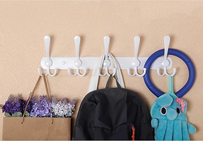 WEBI Coat Rack Wall Mount,Coat Hooks Wall Mount,Coat Hanger Wall,Wall Coat Rack,Hook Rack Rail,5 Triple Hooks for Hanging Coats,Jacket,Clothes,White,2 Packs