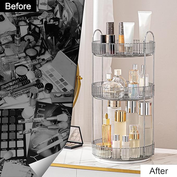Weidace 360 Rotating Makeup Organizer for Vanity, Bathroom Countertop Spinning Perfume Organizer, High-Capacity Cosmetic and Skincare Dresser Make Up Holder Rack (3 Tiers, Grey)