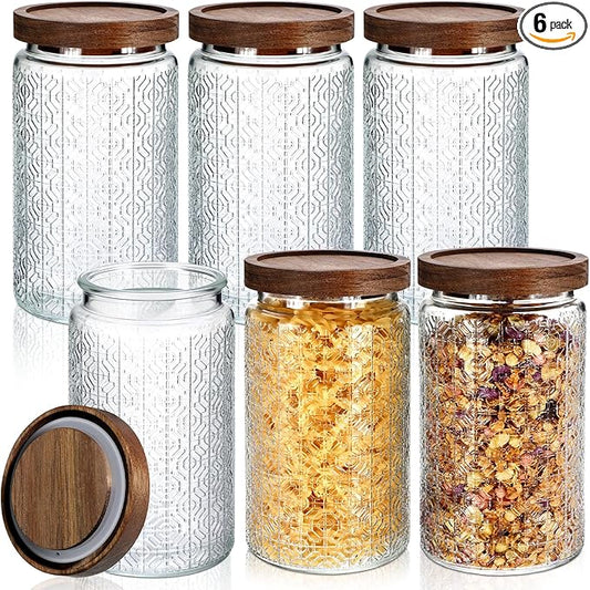 Domensi 6 Pcs Vintage Glass Jars 34 oz Glass Storage Jars with Lids Window Pattern Airtight Storage Containers for Kitchen Counter, Pantry, Coffee Bean, Grains, Tea, Sugar, Flour, Candy, Oats