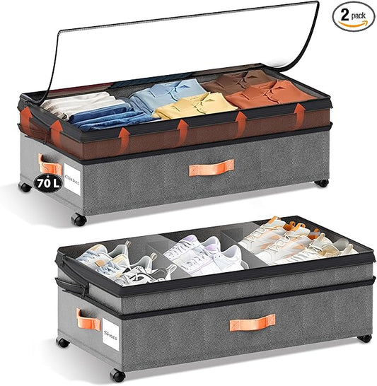 VXEAPADE 2 Pack 70L XXL Under Bed Storage with Wheels - Extra Large UnderBed Storage Containers with Clear Lid & Label, Rolling Storage Bins for Clothes, Shoes, Blankets - Grey