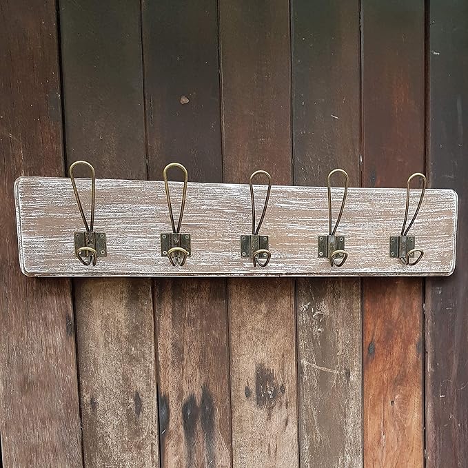 Wooden Coat Rack Wall Mounted with 5 Hanger Hook, for Porch, Kitchen, Bedroom, Hallway, Antique Farmhouse Rustic Character, Mahogany Wood, (Aged Whitewash Bronze Hook)