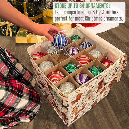 VENO 4 Pack Christmas Ornament Storage Box, Stores up to 64 Holiday Ornaments, Adjustable Dividers, Zippered Top, Storage bins with lids for holiday decorations-3 Inch Cube Compartments (Holiday Pups)